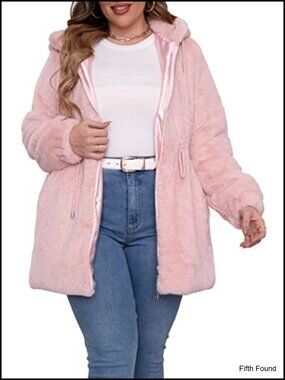 Plus Size Faux Fur Hooded Jacket Winter Fuzzy Zip Coat 1X-5X